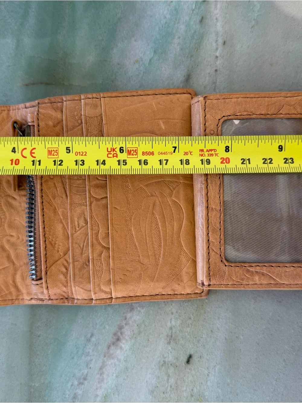 American Leather Co Brown Floral Tooled Trifold Wallet ID Window Zip Coin